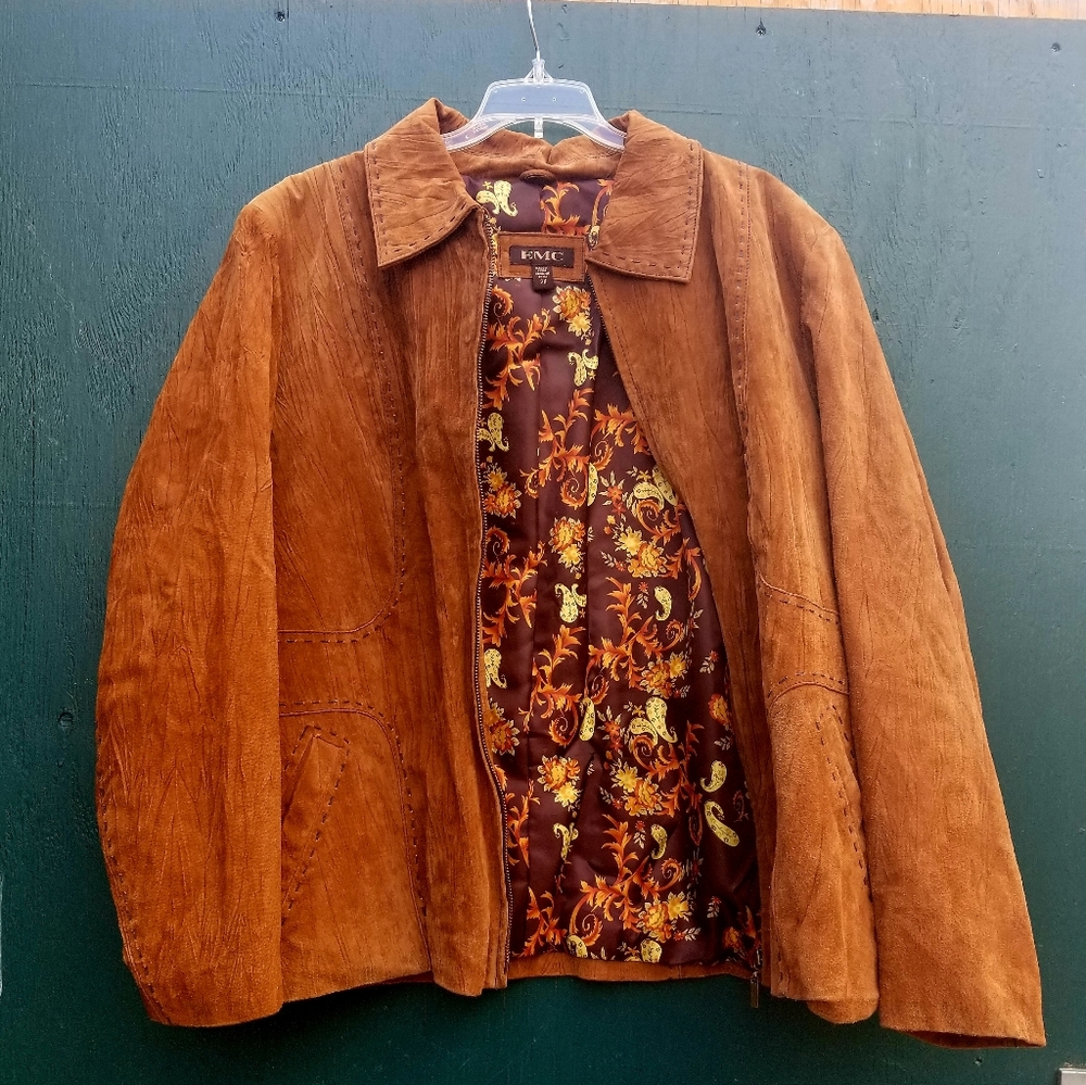 EMC Women's 2XL Brown Leather Embroidered Jacket